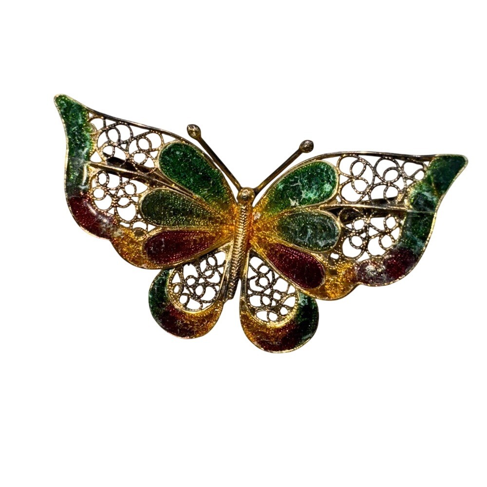 VTG Gold-washed sterling silver filigree butterfly brooch, 2" filigree enamel